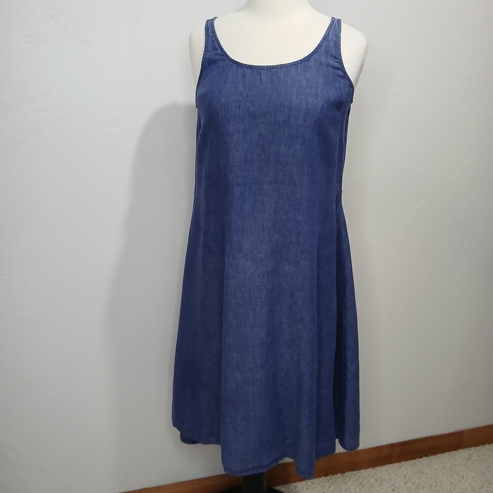 Eileen Fisher Linen Dress Size Small Blue Sleeveless Strappy Tie Waist Fit Flare - Picture 9 of 16